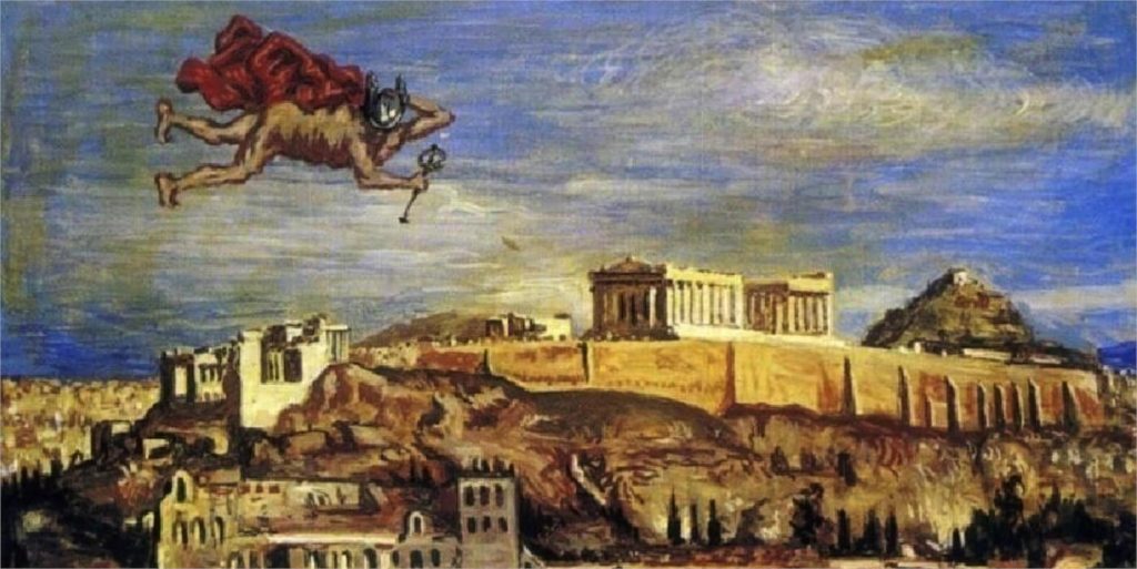 Ιπτάμενος Ερμής πάνω από την Ακρόπολη. Πίνακας του De Chirico