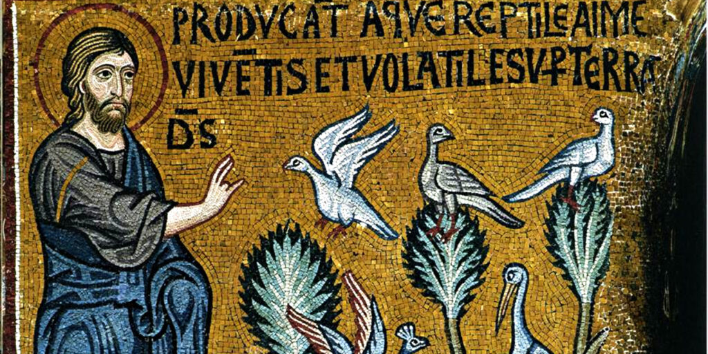 Το εικαστικό θέμα απεικονίζει τον Χριστό δημιουργώντας τα πουλιά,